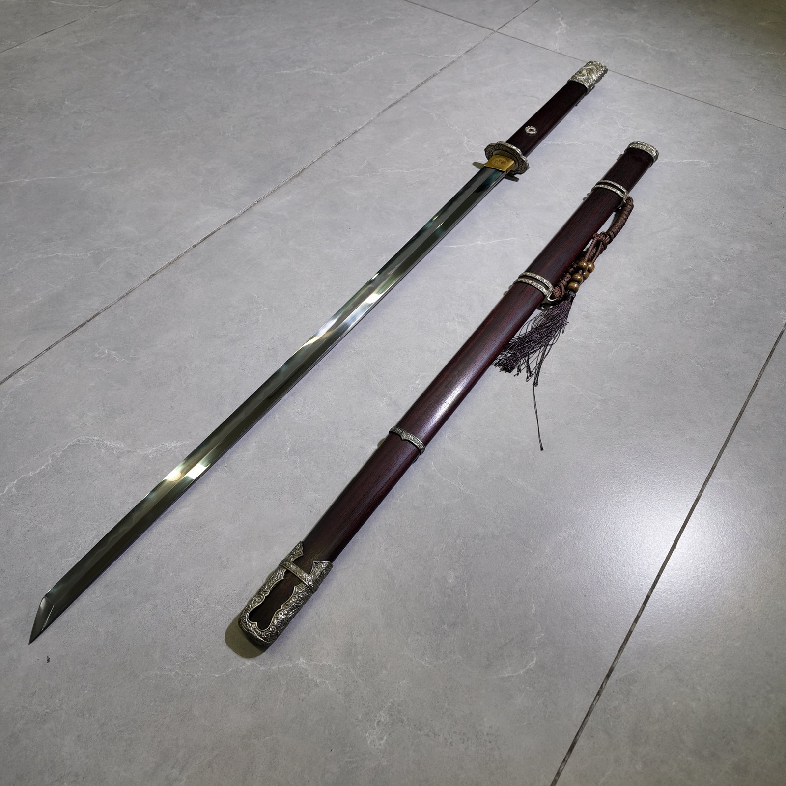 Dark Wood Gold and Silver Relief Tang Dao – High-Density Purple-Brown Solid Wood Scabbard, Gold-Silver Dragon Pattern Hardware, High Mirror Wave Pattern Steel Blade, Classical Elegant Collection Sword - Image 8