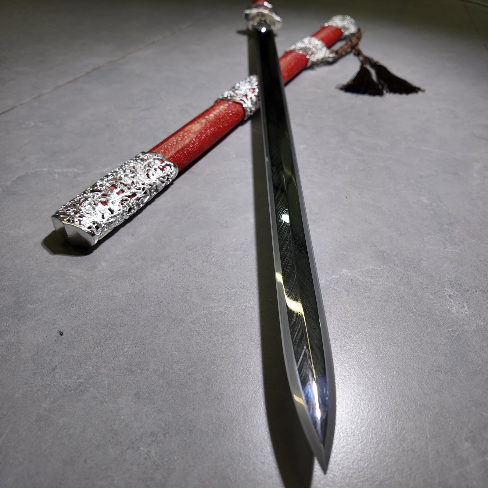 Long Chinese Straight Blade Tang Sword – Red Pearl Fish Skin Scabbard, Carved Silver Hardware, Pattern Steel Blade, Classical Collection Sword